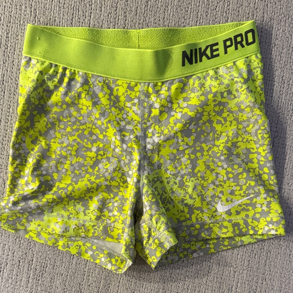 Nike Pro Lime Green and Gray Patterned Shorts